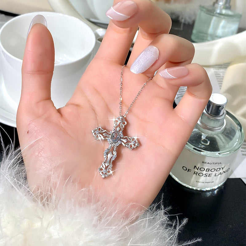 S925 Sterling Silver Colored Crystal Cross Necklace
