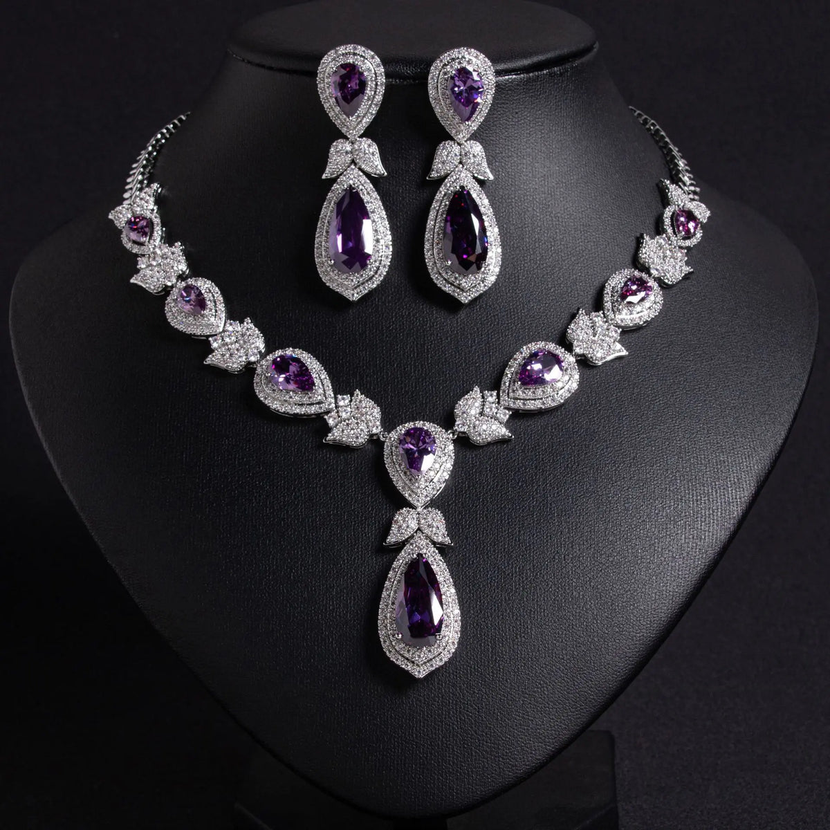 Luxury Red Teardrop Crystal Necklace and Earrings Jewelry Set for Women