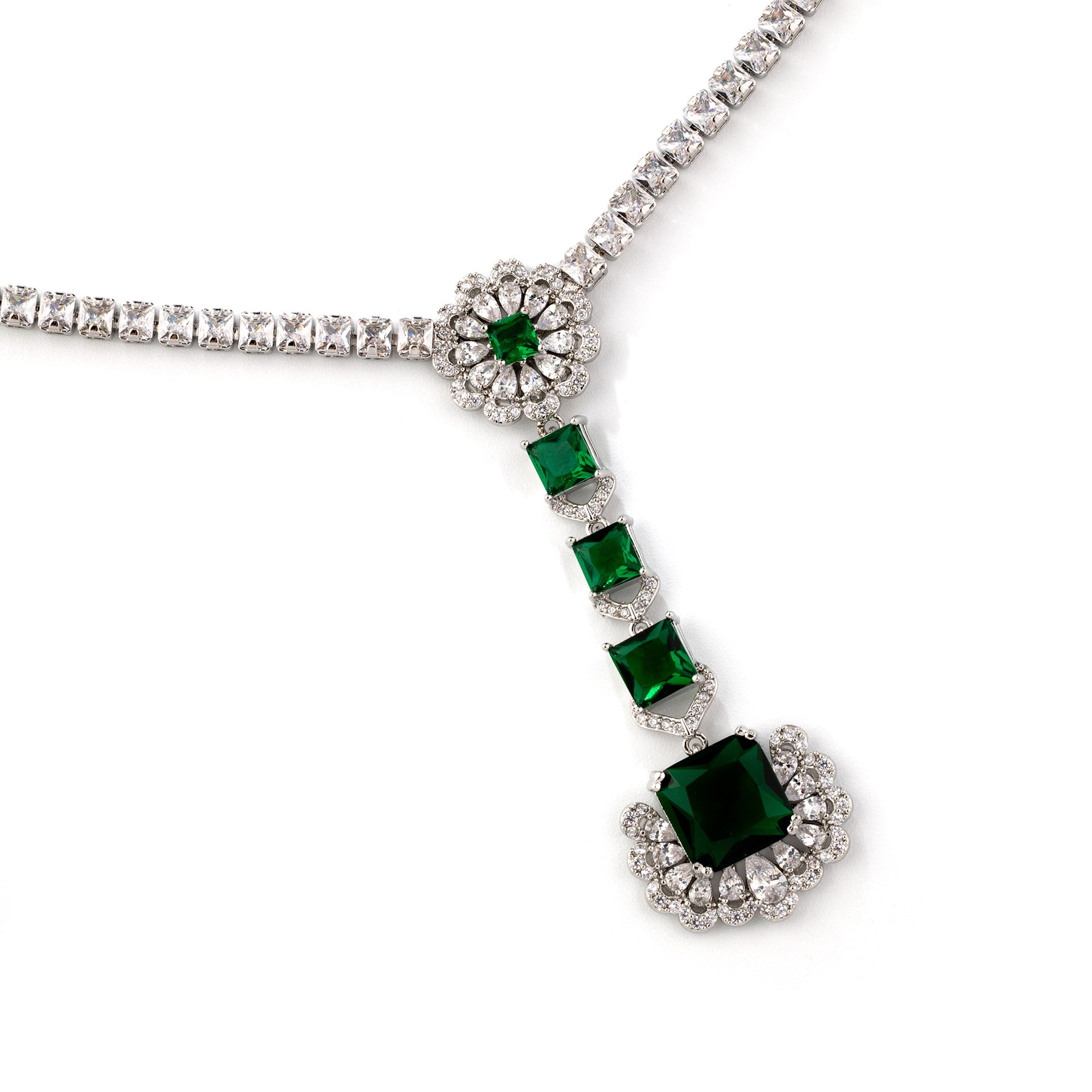 Elegant Emerald Crystal Jewelry Set – Silver Necklace Earrings for Women