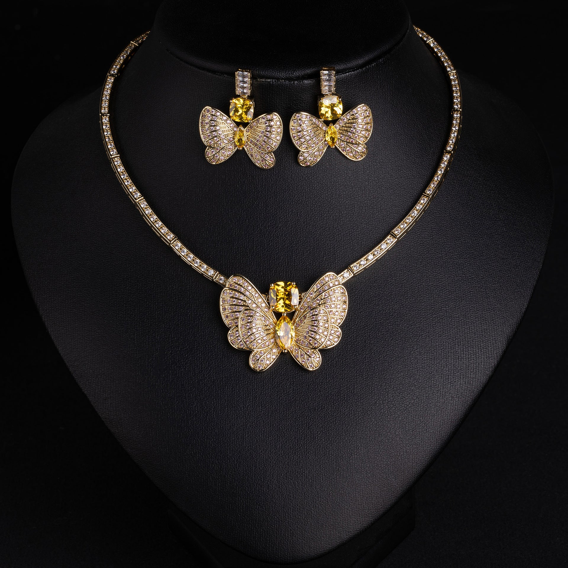 Luxury Yellow Butterfly Crystal Necklace and Earrings Jewelry Set for Women