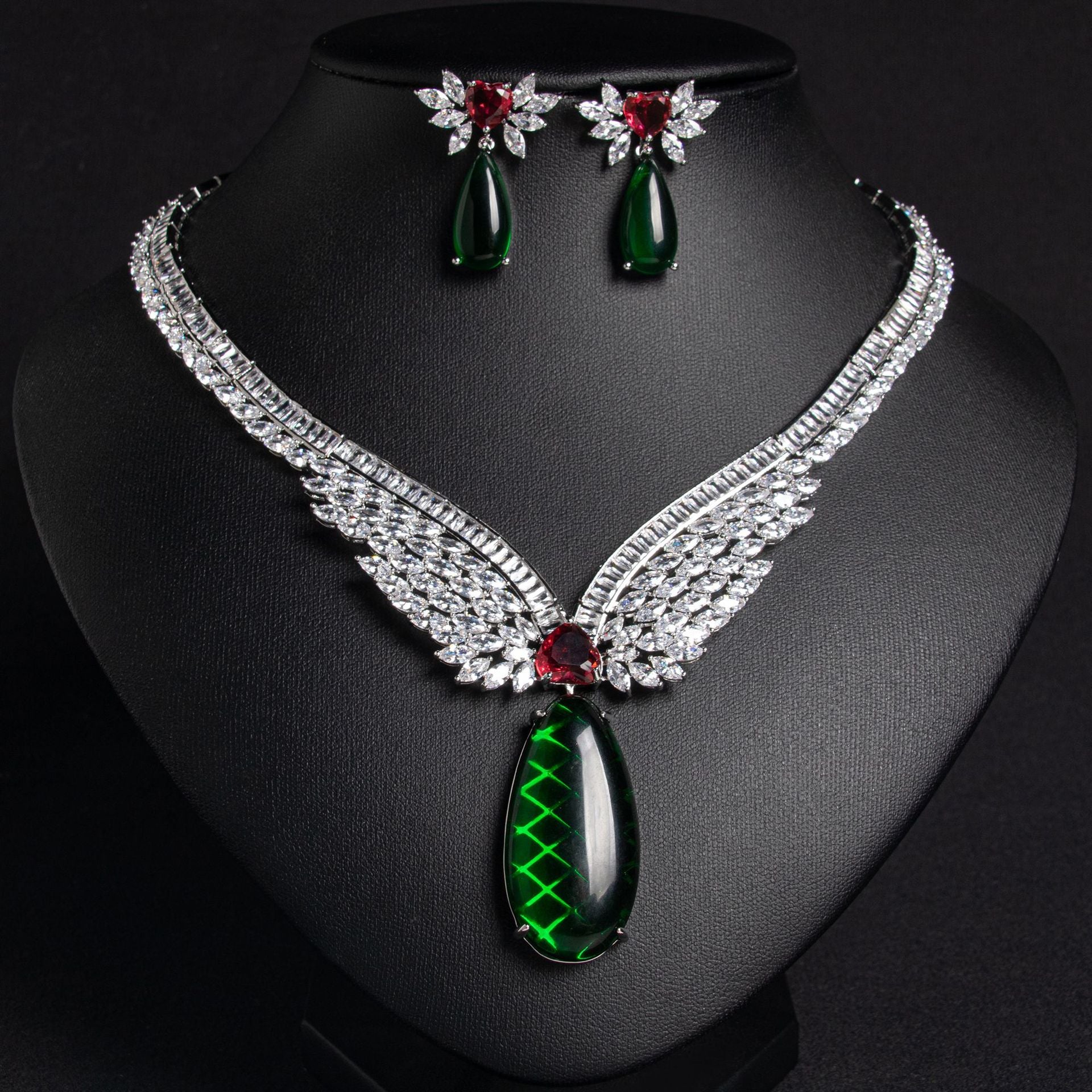 French Medieval Zircon Necklace Earrings Set Female Angel Wings