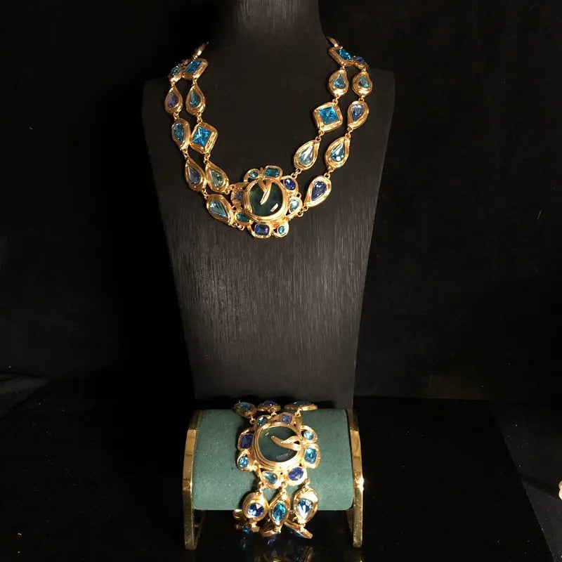 Parure Collier Tournesol Vintage Bleu Strass