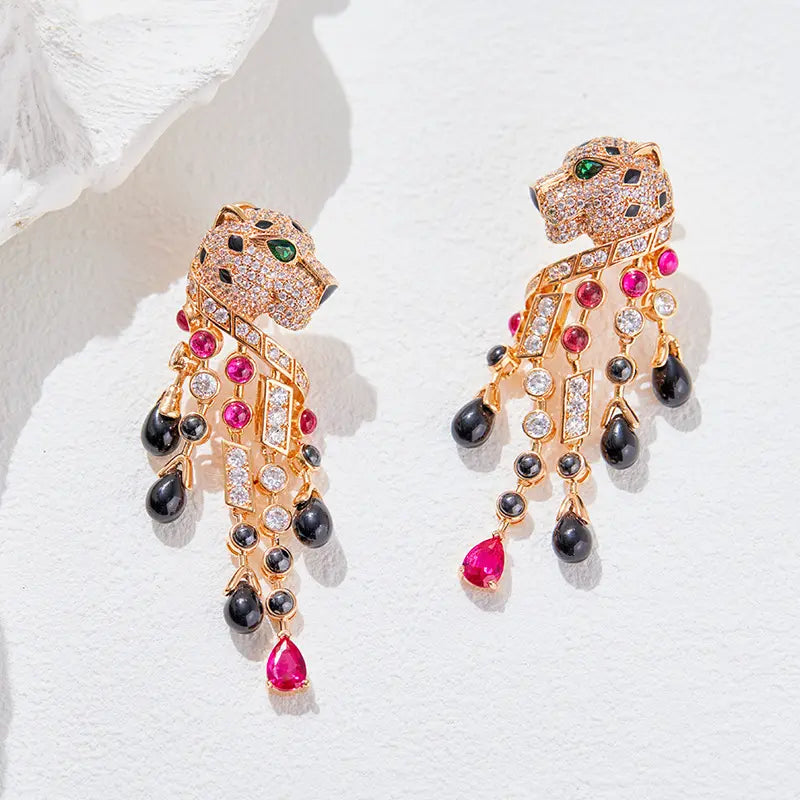 Boucles d'oreilles personnalisées léopard à franges plaqué or mode