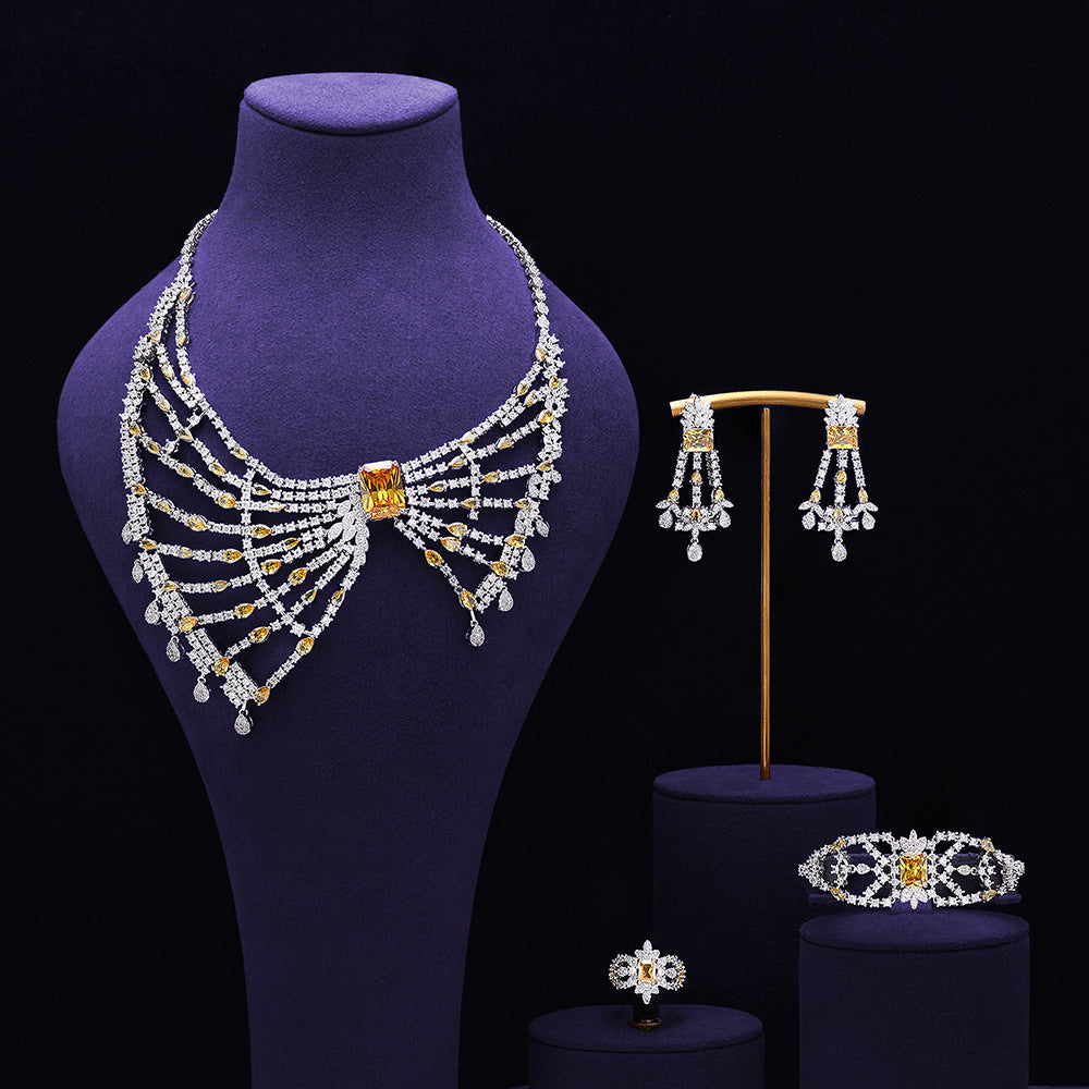 Luxury Red Crystal Bow Style Necklace Earrings Bracelet Ring Jewelry Set