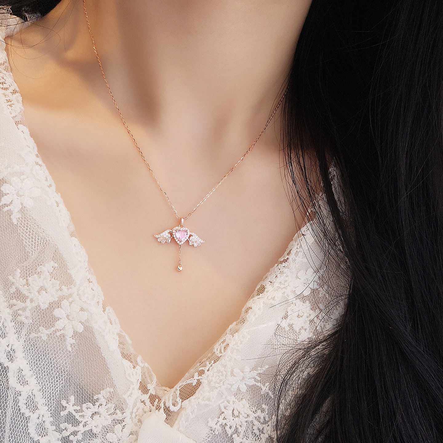 S925 Sterling Silver Pink Diamond Cupid Heart Necklace