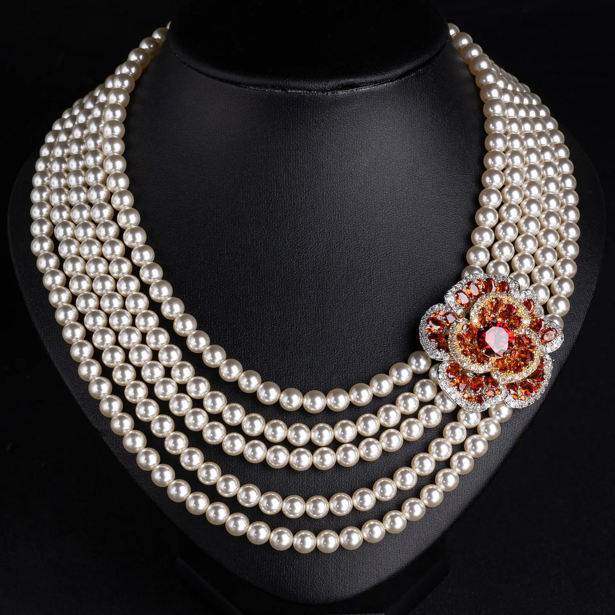 Luxury Multi Strand Pearl Necklace with Emerald Flower Brooch