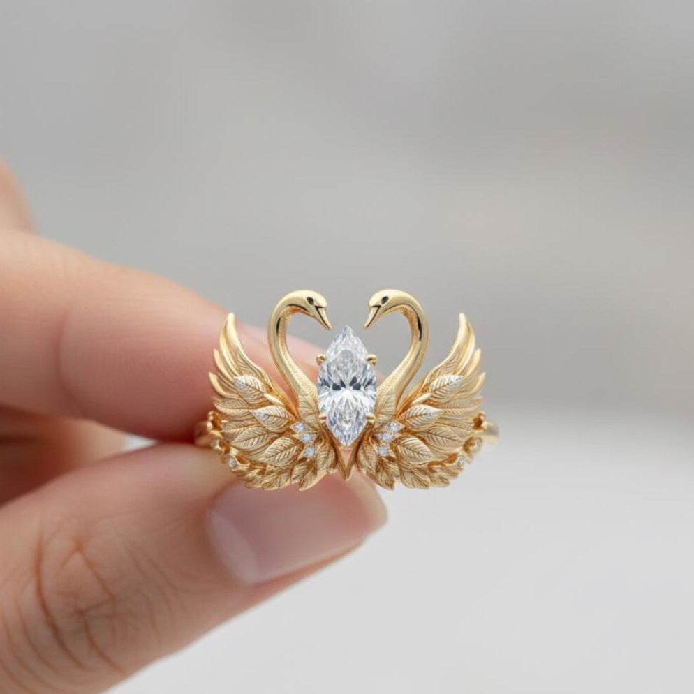 Elegant Gold Swan Ring – Marquise Cut Crystal Open Ring for Women