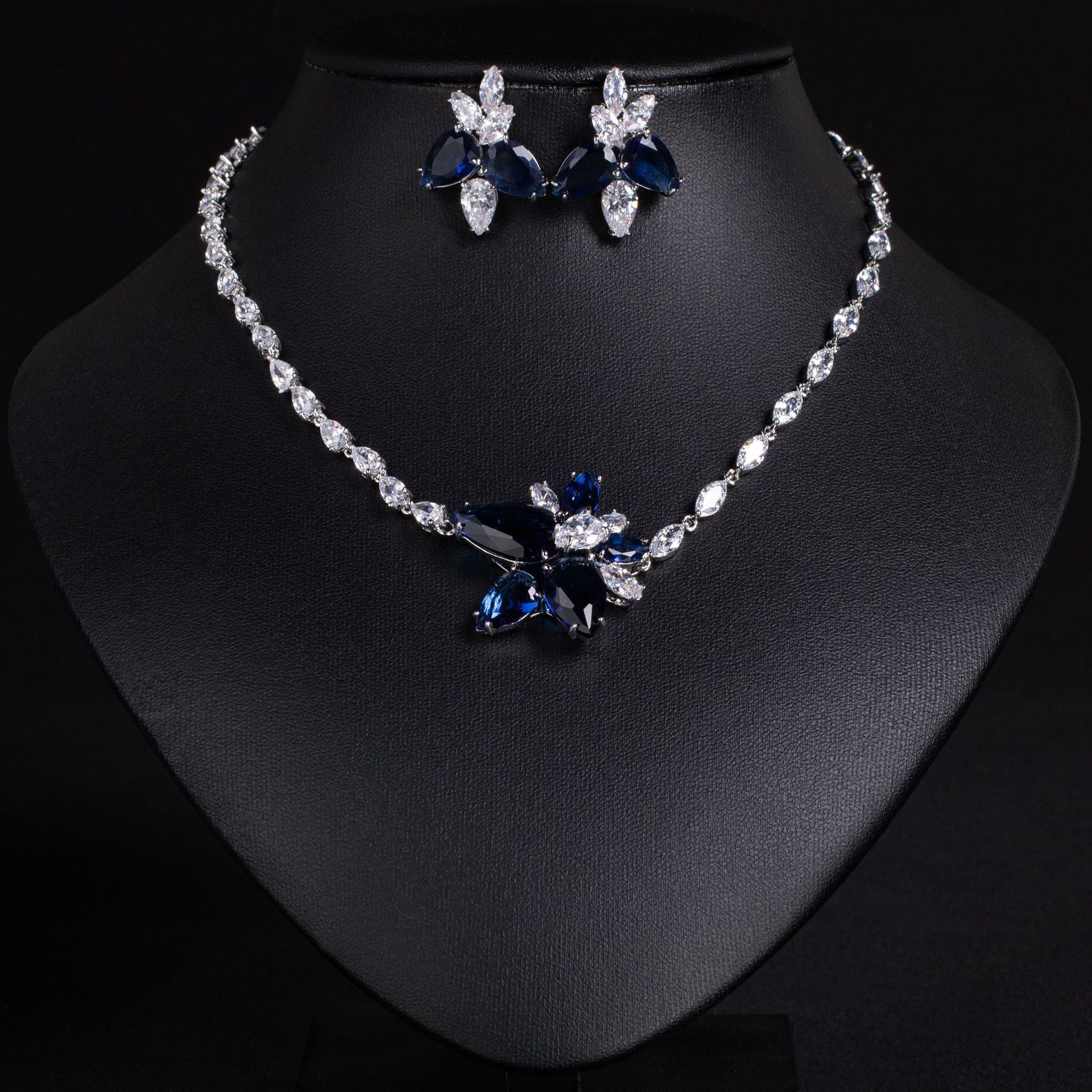 Luxury Navy Blue Crystal Necklace and Earrings Jewelry Set