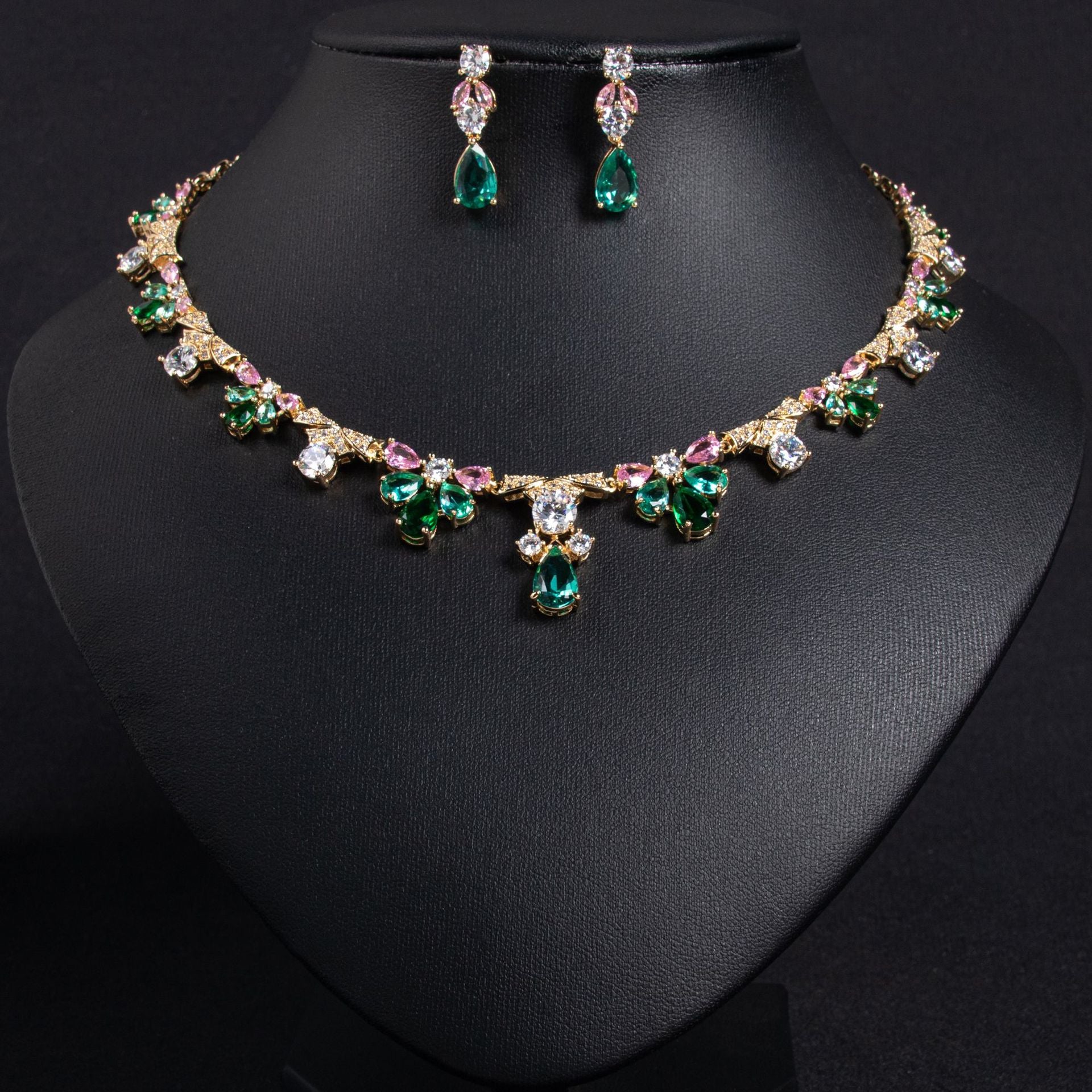 Luxury Emerald Green Floral Crystal Necklace and Earrings Jewelry Set for Women