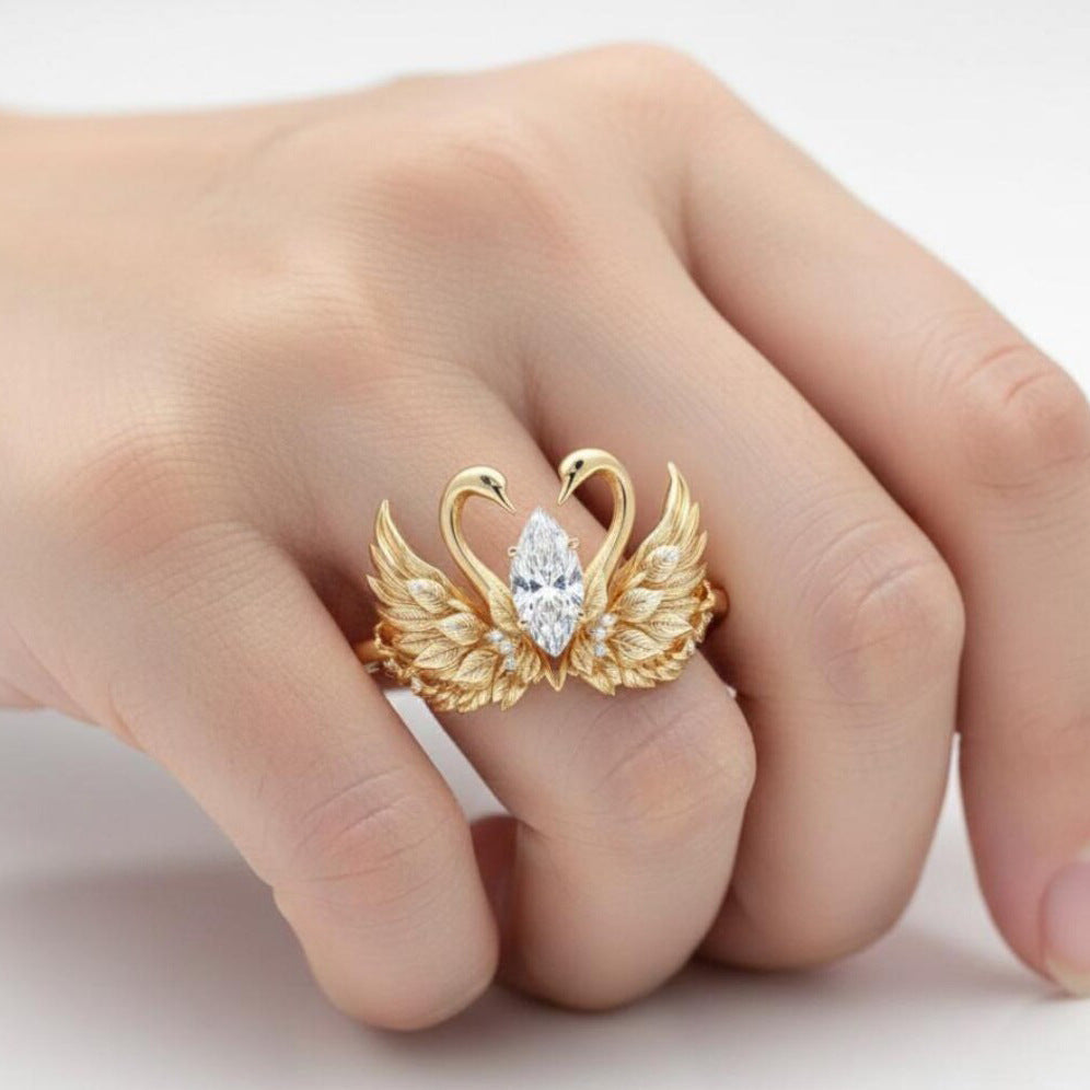 Elegant Gold Swan Ring – Marquise Cut Crystal Open Ring for Women