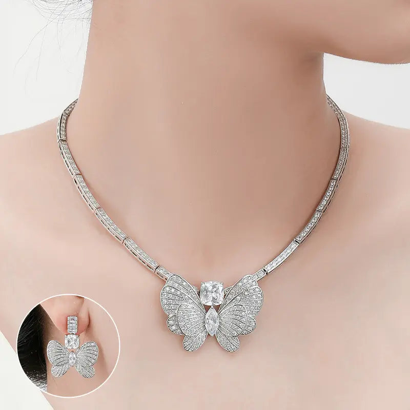 Parure de bijoux de luxe en forme de papillon jaune avec collier et boucles d'oreilles en cristal pour femme