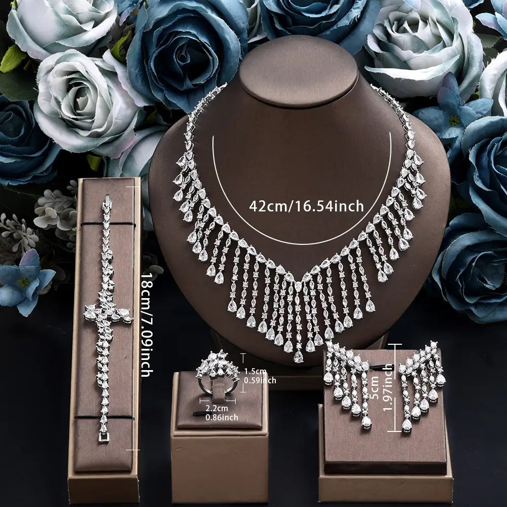 Luxury Silver Crystal Fringe Necklace Set Earrings Ring Bracelet Bridal Wedding Statement Jewelry for Women Elegant Sparkling Set