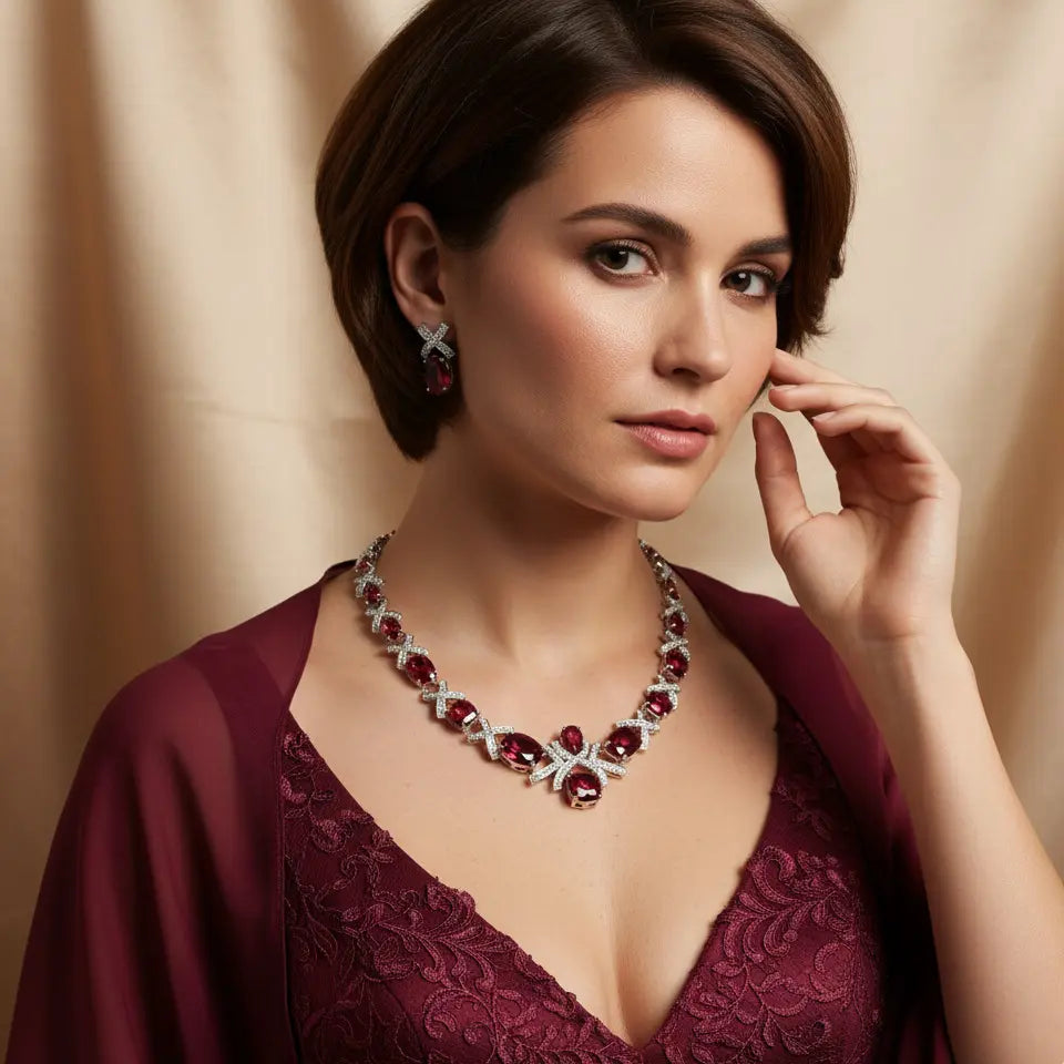 Parure collier et boucles d'oreilles de luxe en cristal bleu-vert