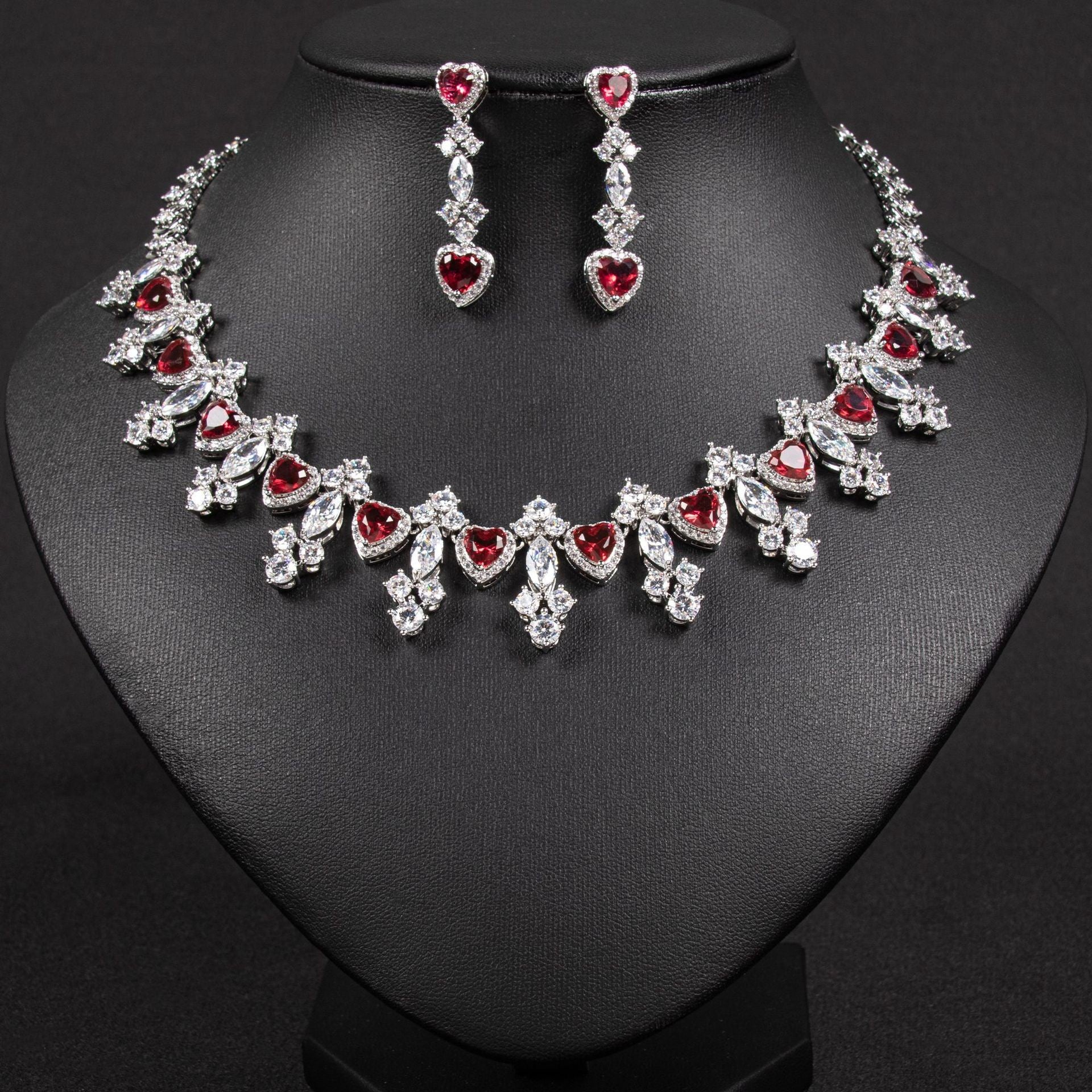 Luxury Emerald Pink Crystal Necklace and Earrings Jewelry Set