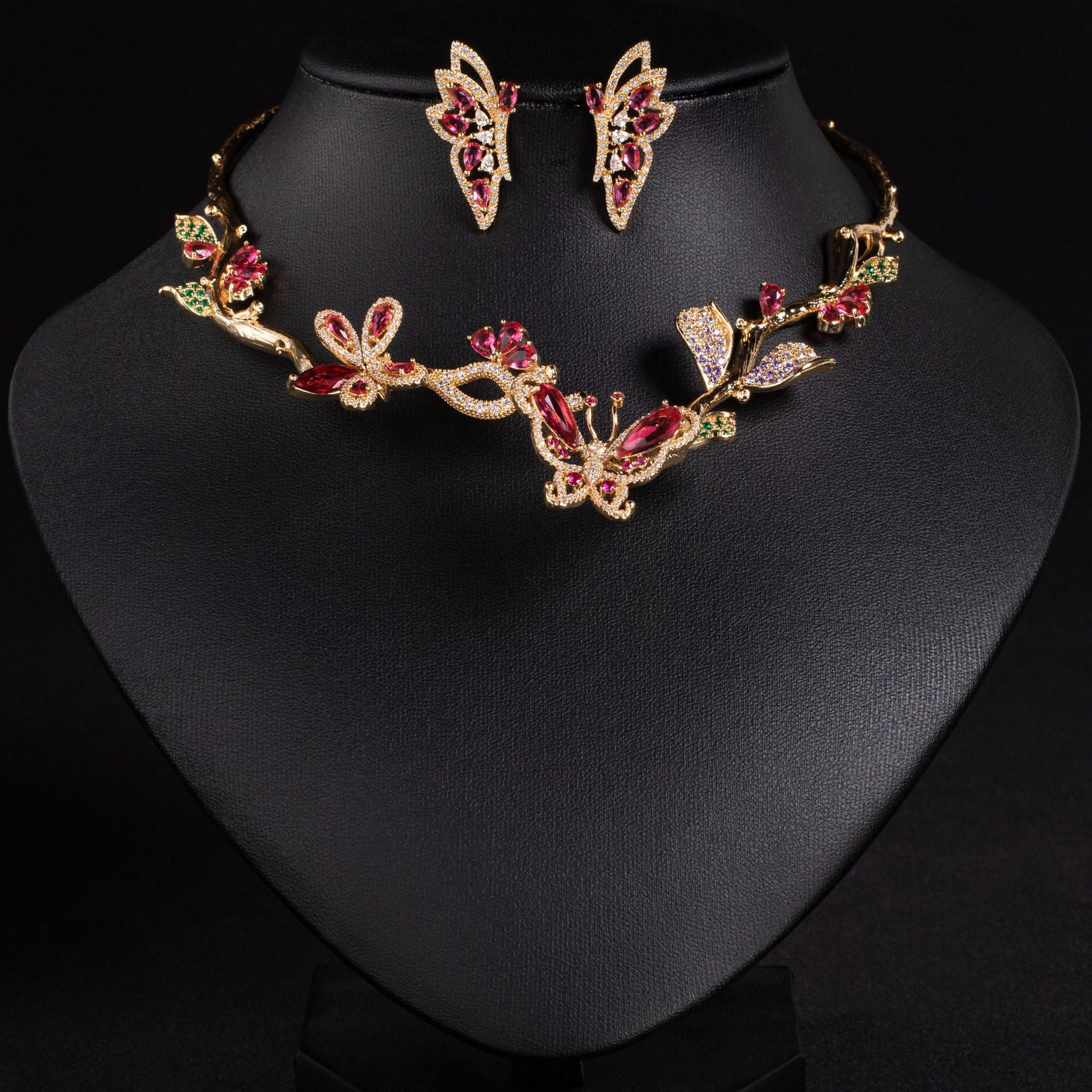 Light luxury three-dimensional butterfly zircon necklace earrings set