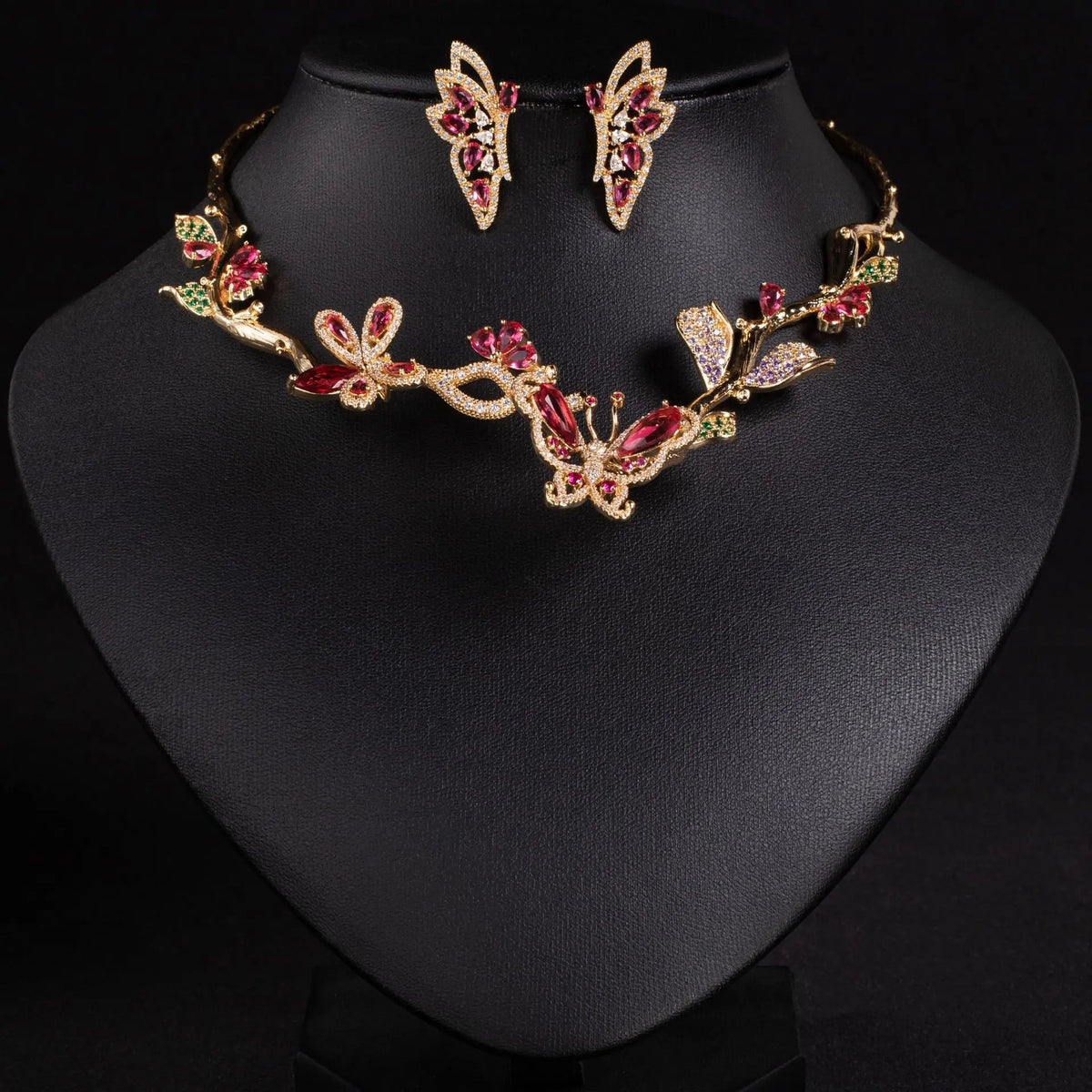 Parure collier et boucles d'oreilles papillon 3D en zircon, style léger luxe