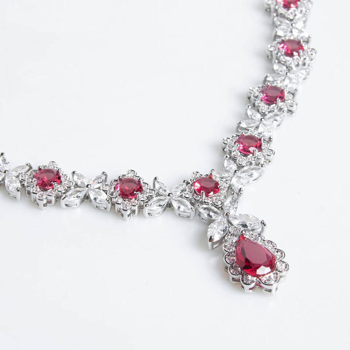 Luxury Ruby Teardrop Necklace Set – Floral Crystal Earrings Jewelry