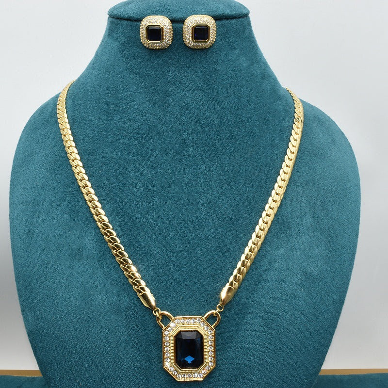 Retro simple snake bone square elegant glass inlaid stud earrings necklace set