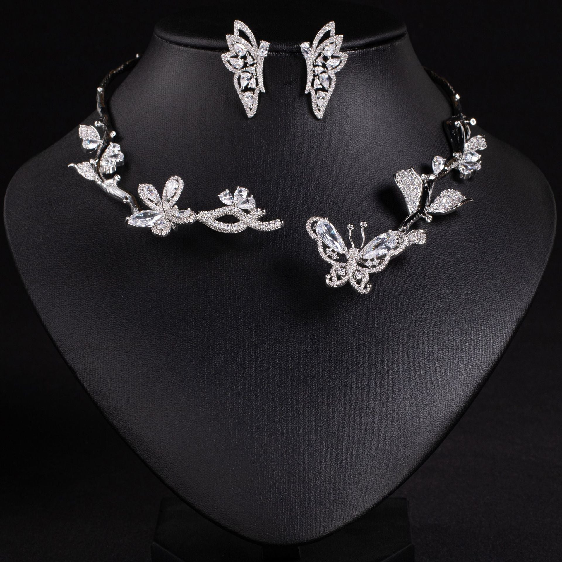 Light luxury three-dimensional butterfly zircon necklace earrings set