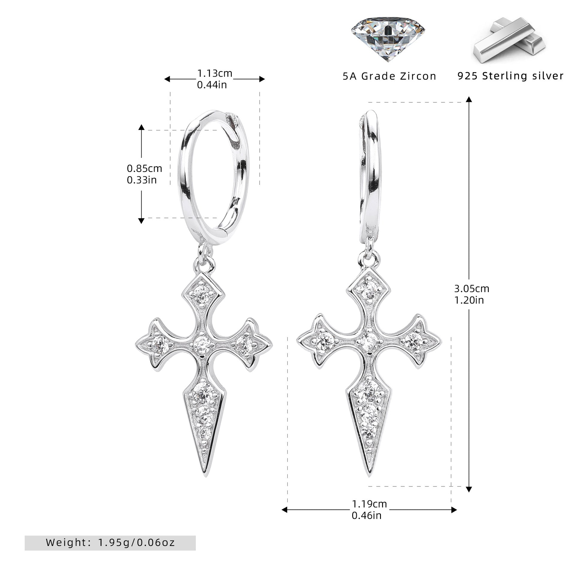 S925 sterling silver Baroque diamond studded cross earrings