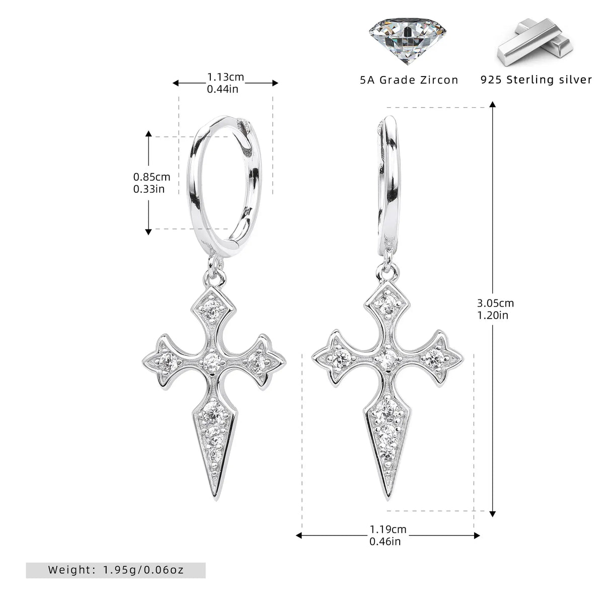 Boucles d'oreilles croix serties de diamants style baroque en argent sterling S925