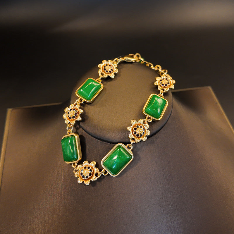 Ensemble collier, bracelet et boucles d'oreilles clous tournesol en diamant de pierre naturelle verte et cristal blanc