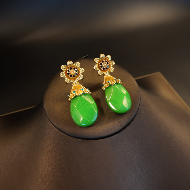 Ensemble collier, bracelet et boucles d'oreilles clous tournesol en diamant de pierre naturelle verte et cristal blanc