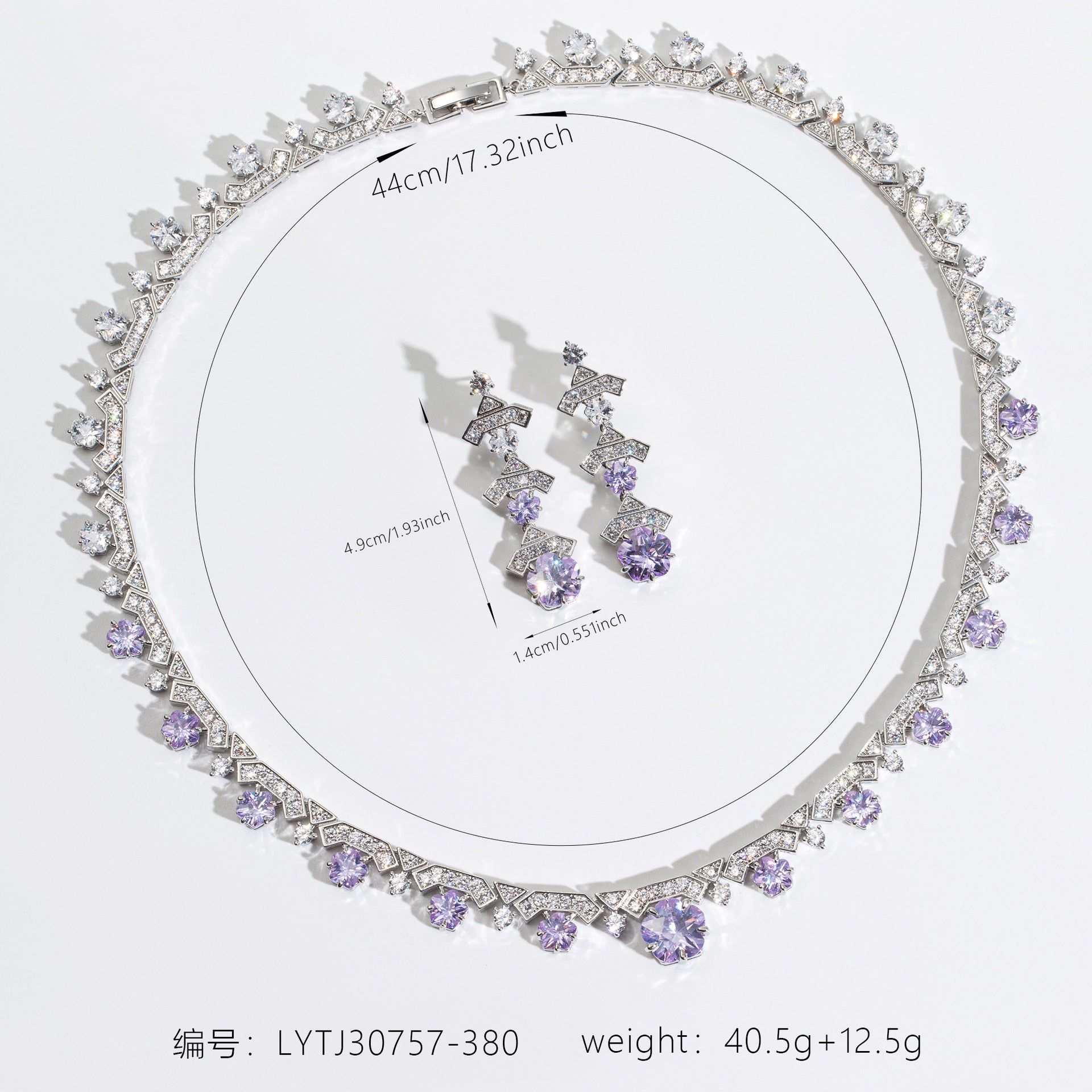Luxury Purple Crystal Necklace Earrings Set – Silver Statement Jewelry