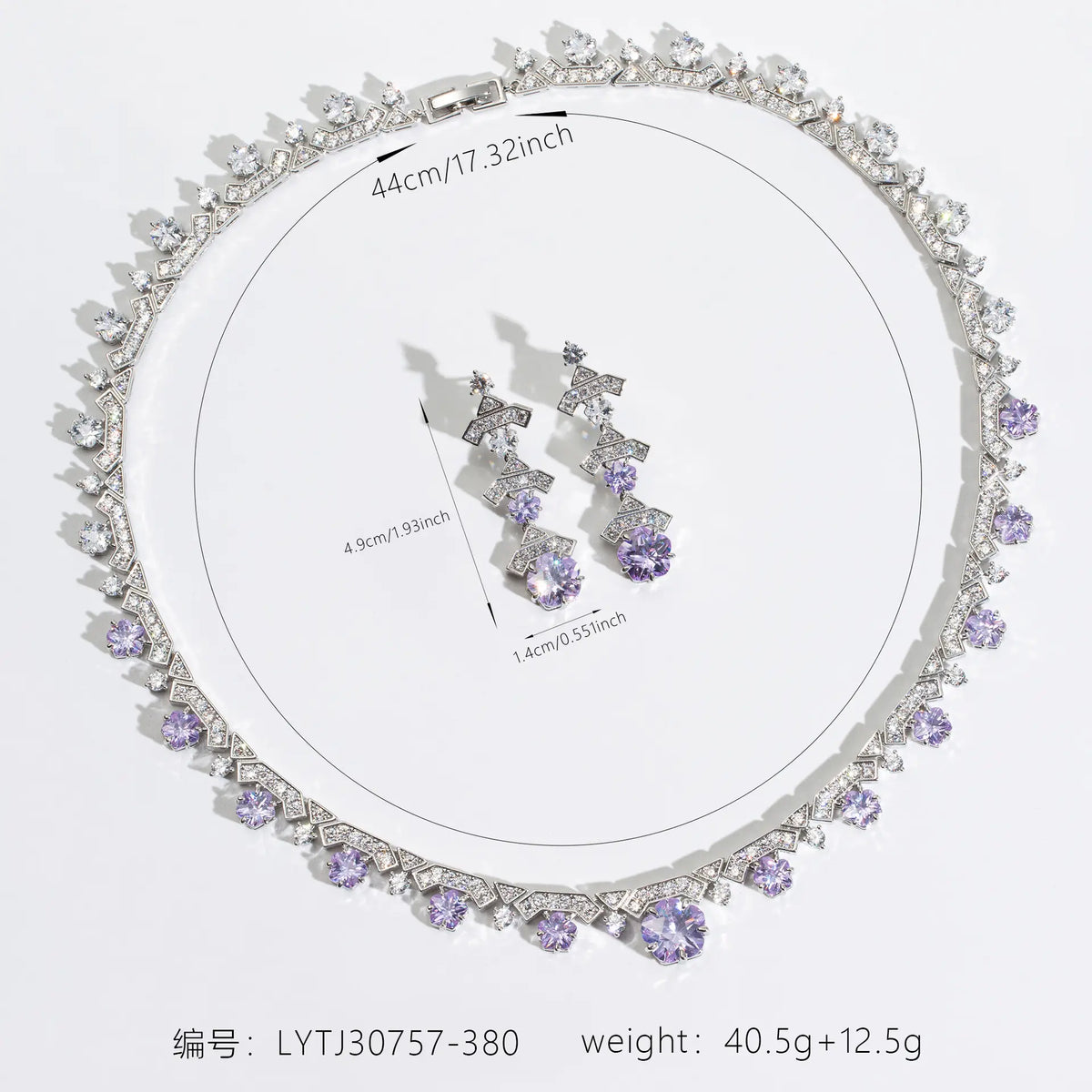 Luxury Purple Crystal Necklace Earrings Set – Silver Statement Jewelry
