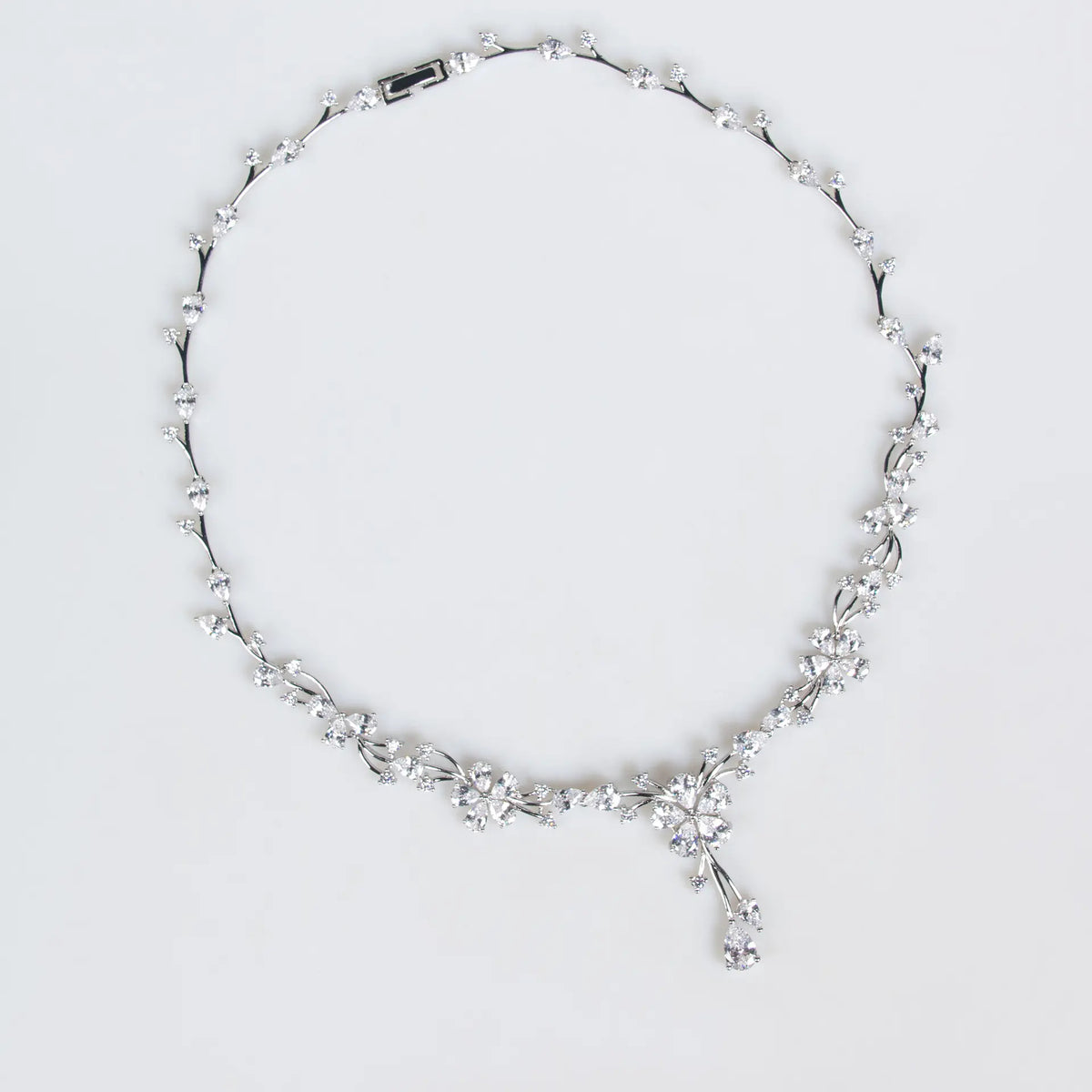 Elegant Silver Floral Crystal Necklace and Earrings Jewelry Set