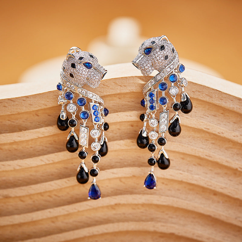 Gold-plated blue-eyed personalized leopard fringed earrings