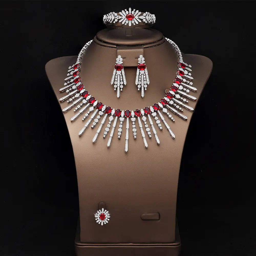 Luxury Pink Crystal Fringe Necklace Set Silver Tone Statement Jewelry Set for Women Wedding Party Jewelry
