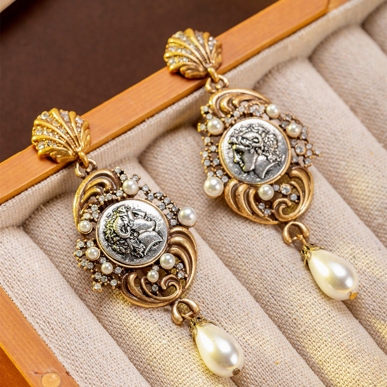 French vintage portrait pearl drop earrings