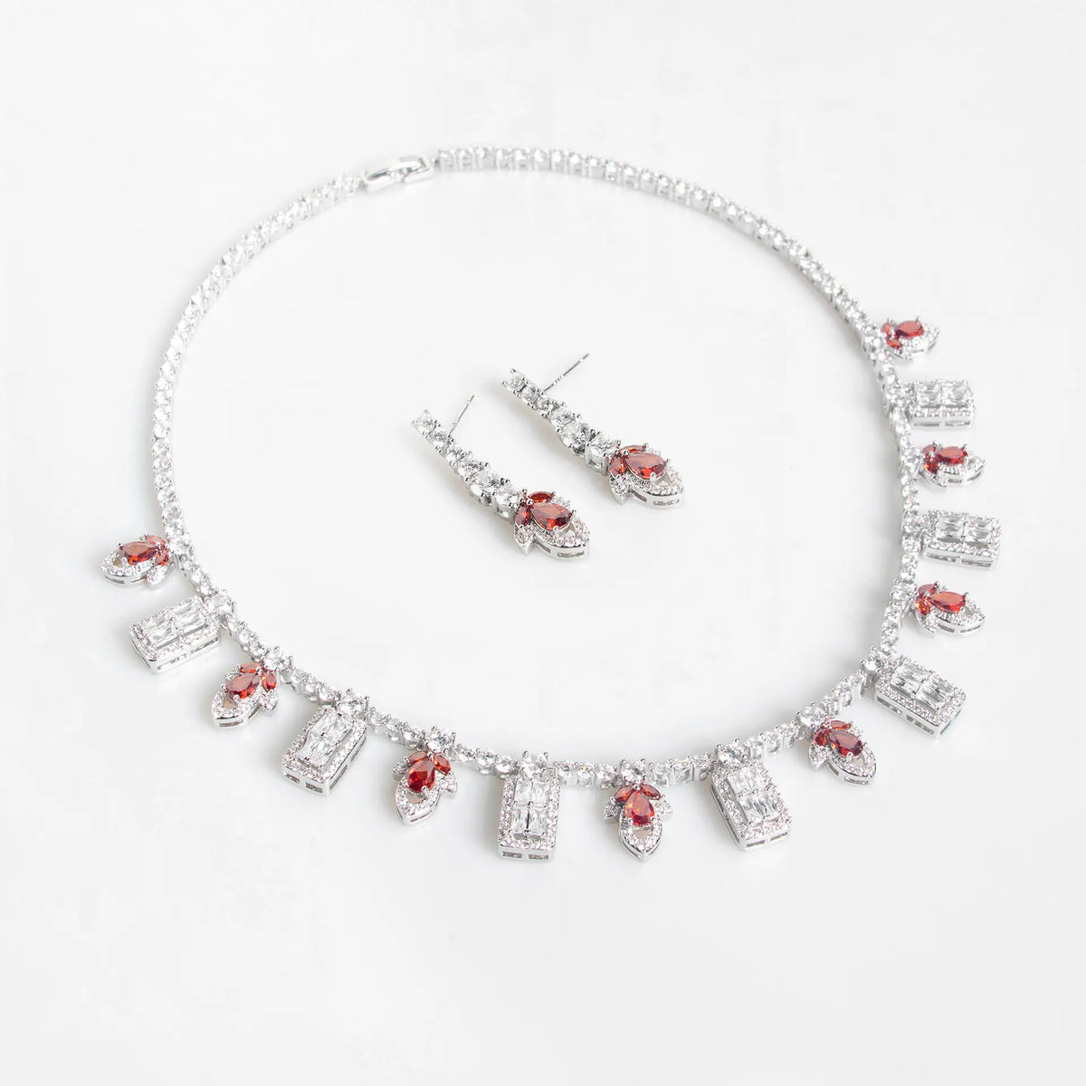 Luxury Ruby Red Baguette Crystal Necklace Set for Women – Geometric Drop Jewelry with Matching Earrings