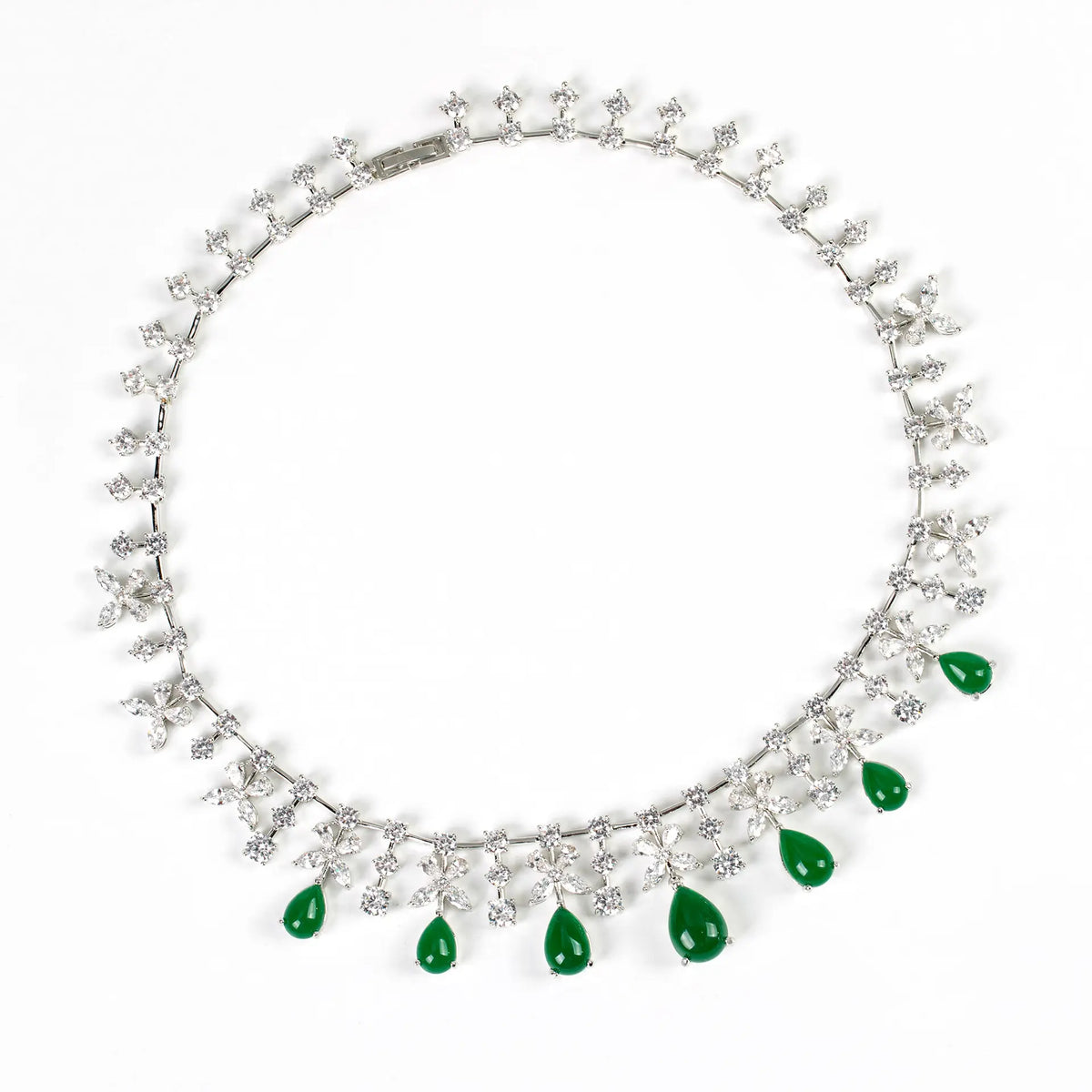 Elegant Emerald Crystal Flower Jewelry Set – Silver Necklace Earrings for Women