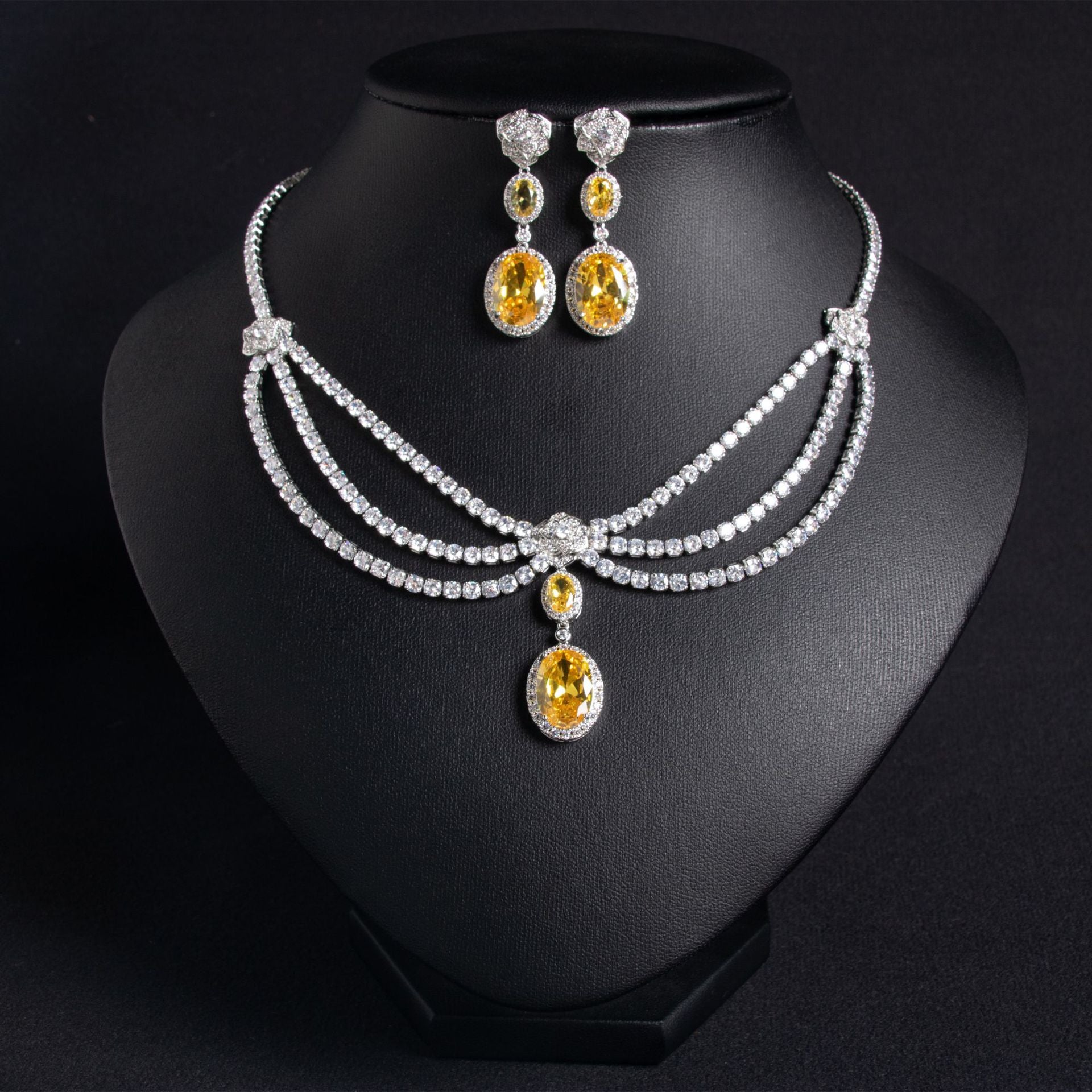 Luxury Yellow Gemstone Triple-Strand Necklace Set for Women – Crystal Jewelry with Matching Earrings
