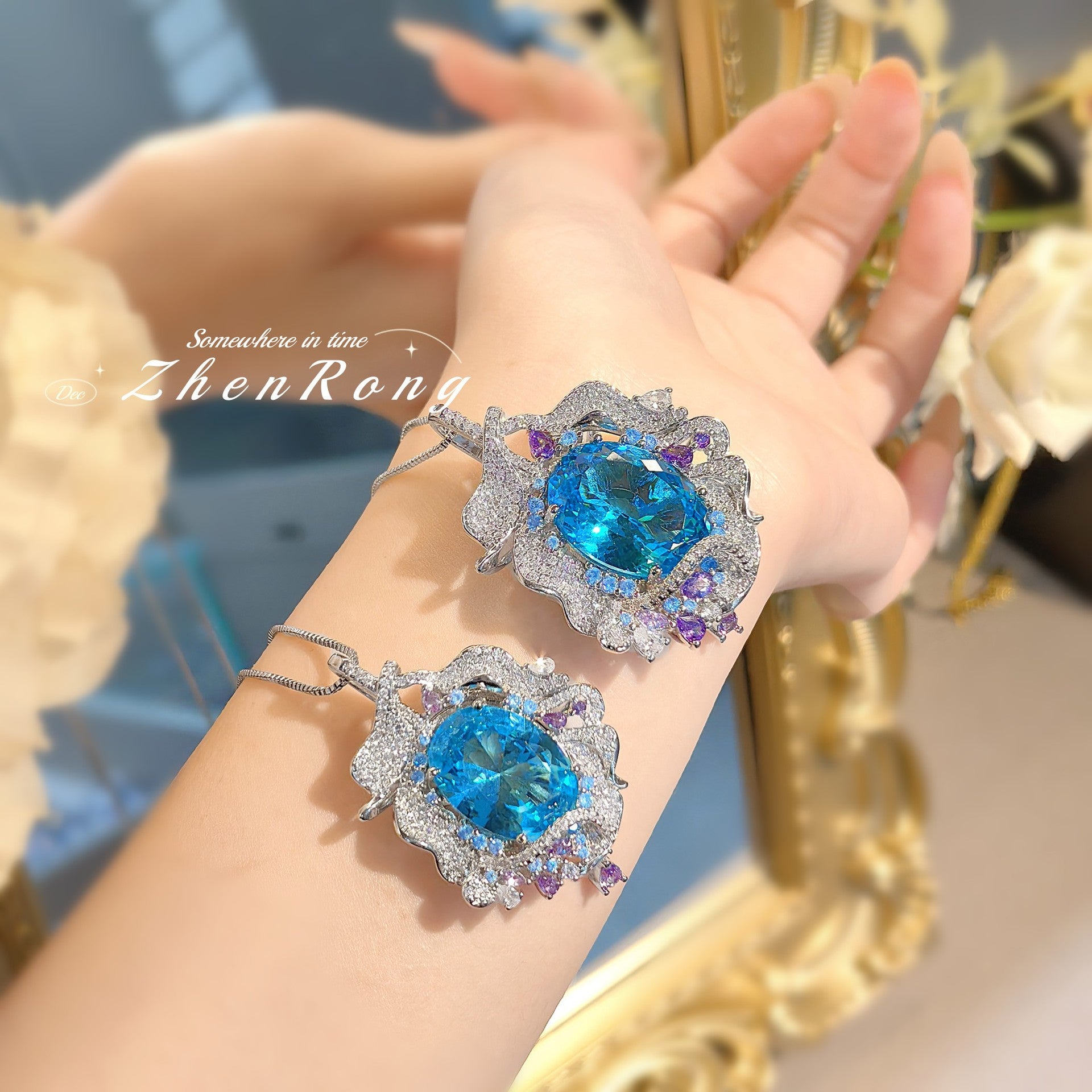 Fashion Shining Sea Blue Large Carat Gemstone Necklace