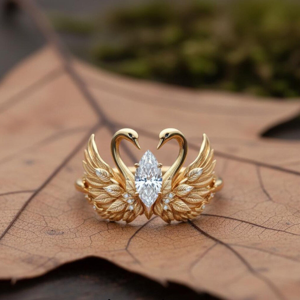 Elegant Gold Swan Ring – Marquise Cut Crystal Open Ring for Women