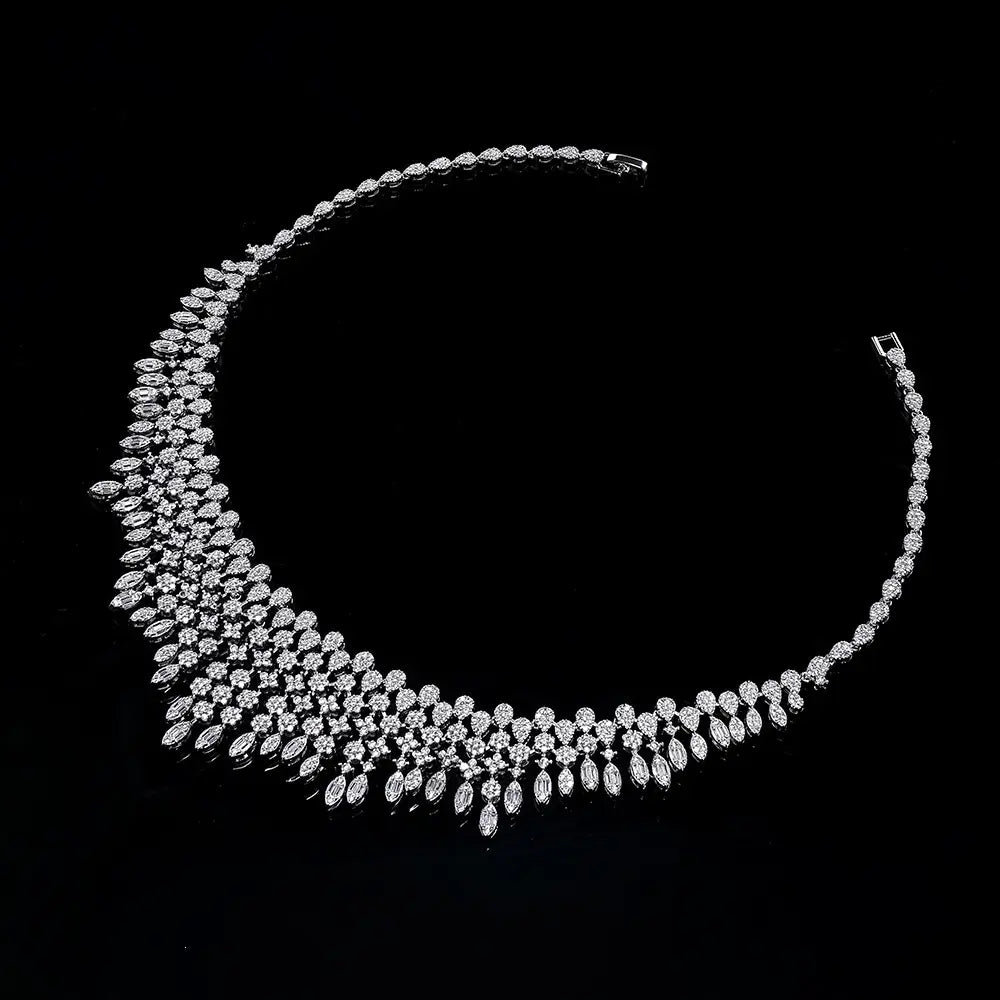 Luxury Crystal Fringe Necklace Set Silver Tone Statement Jewelry Set Earrings Ring Bridal Wedding Jewelry for Women