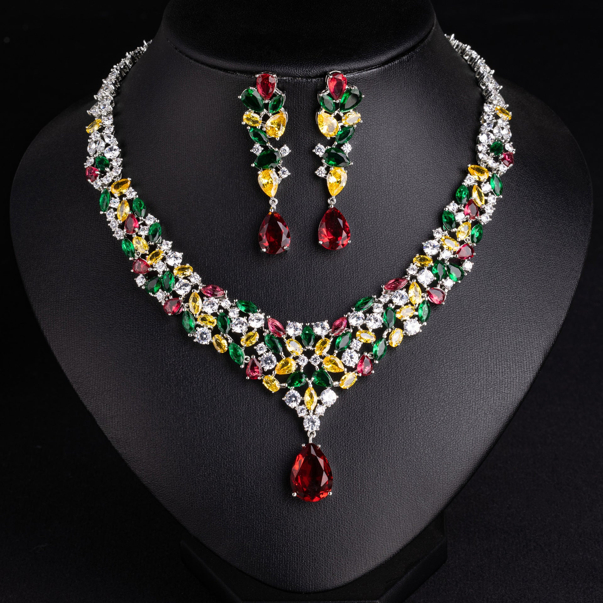 Luxury Multicolor Crystal Necklace Earrings Set – Royal Statement Jewelry for Women
