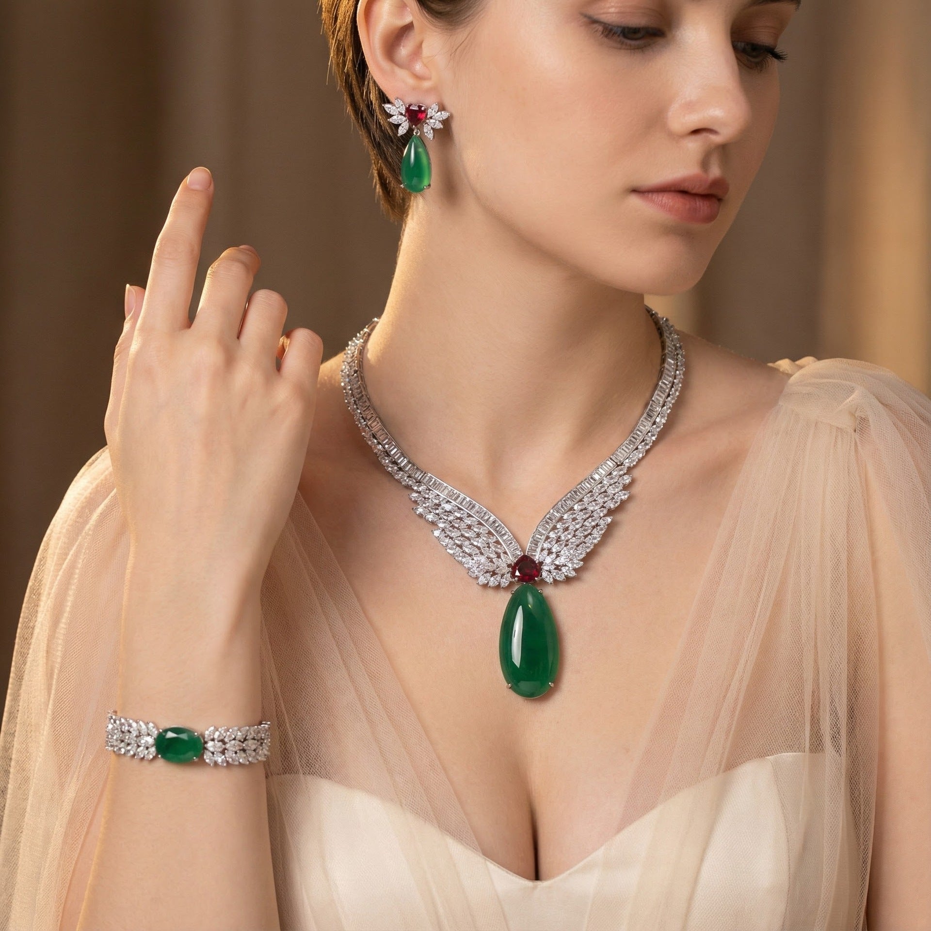 French Medieval Zircon Necklace Earrings Set Female Angel Wings