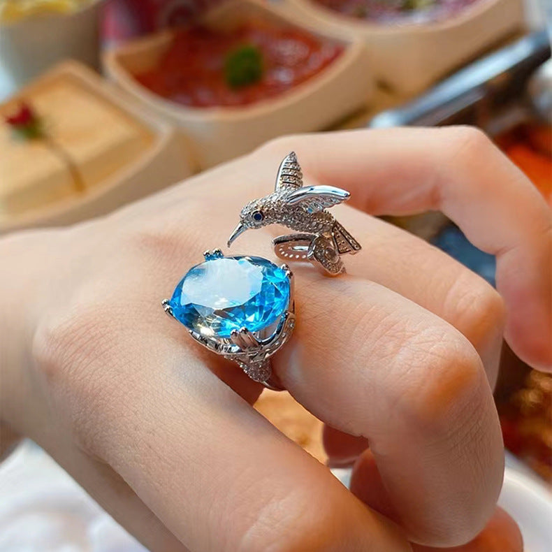 Luxury Blue Oval Crystal Bird Ring for Women
