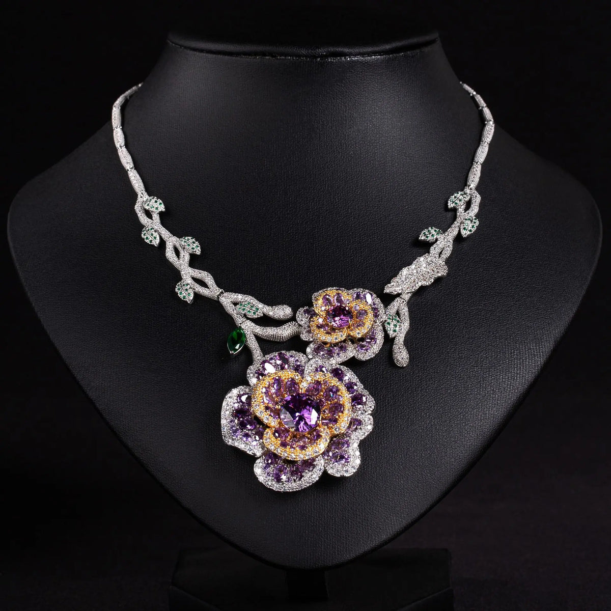 Parure de bijoux de luxe pour femme, collier et boucles d'oreilles floraux en cristal vert émeraude