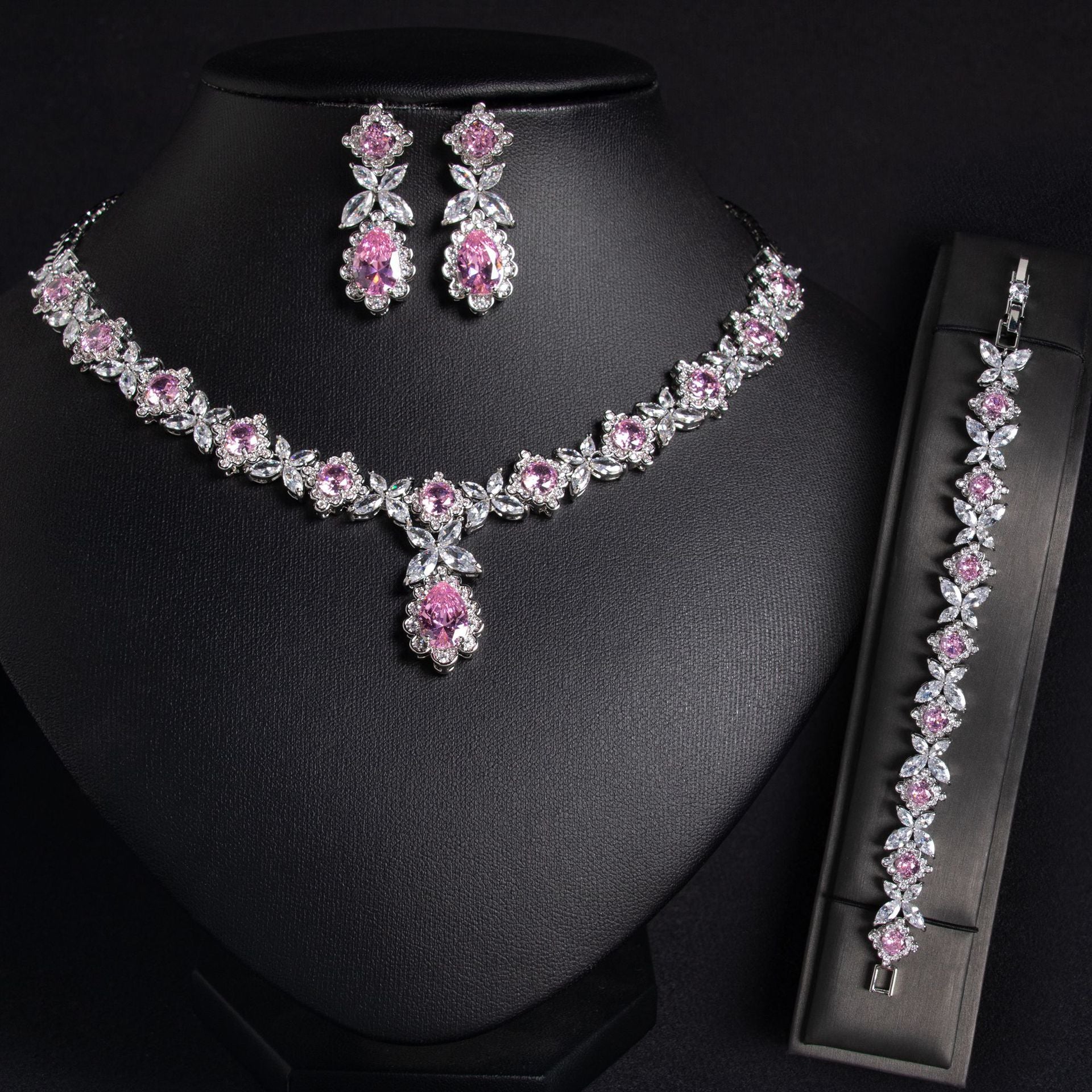 Luxury Emerald Green Crystal Necklace Earrings Bracelet Jewelry Set for Women