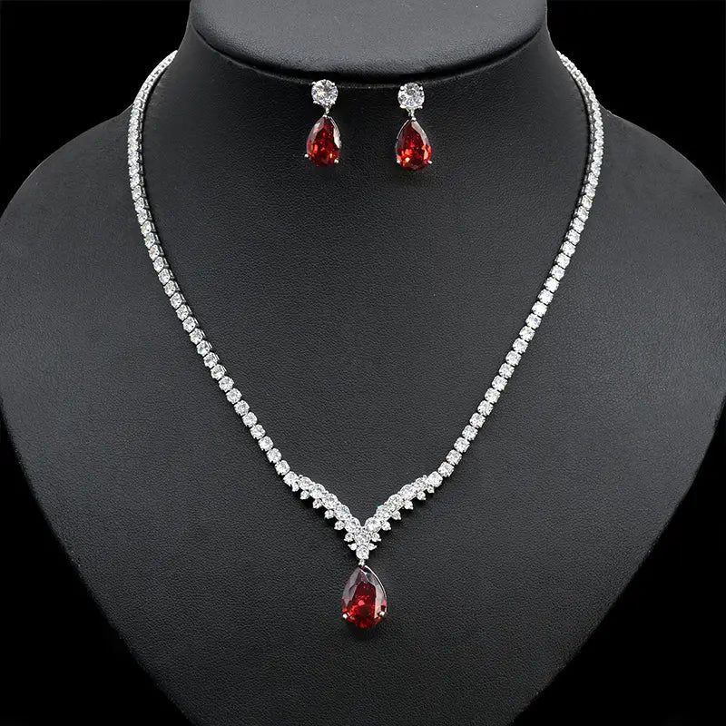 Luxury Ruby Red Crystal Necklace Set – Sparkling Teardrop Jewelry for Women