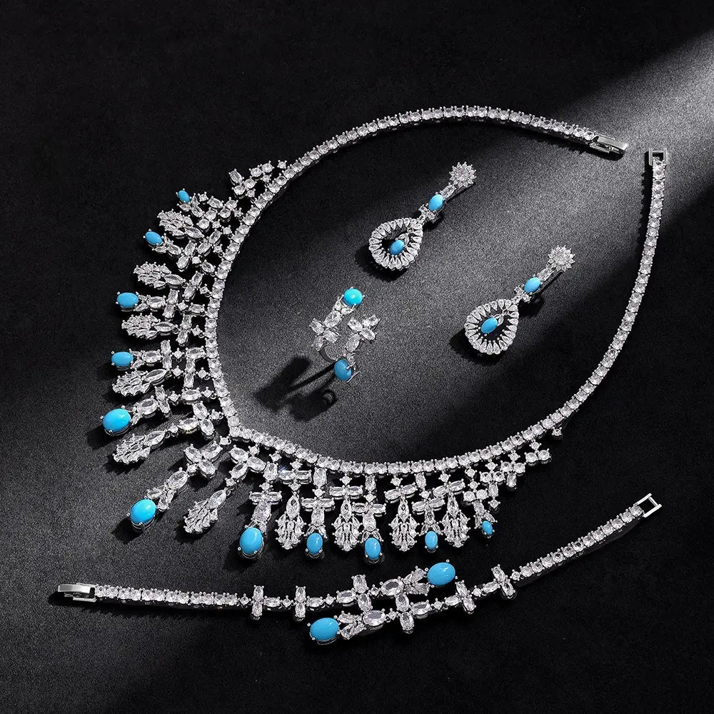 Luxury Silver Crystal Turquoise Blue Jewelry Set Necklace Earrings Ring Bracelet Bridal Wedding Statement Set for Women