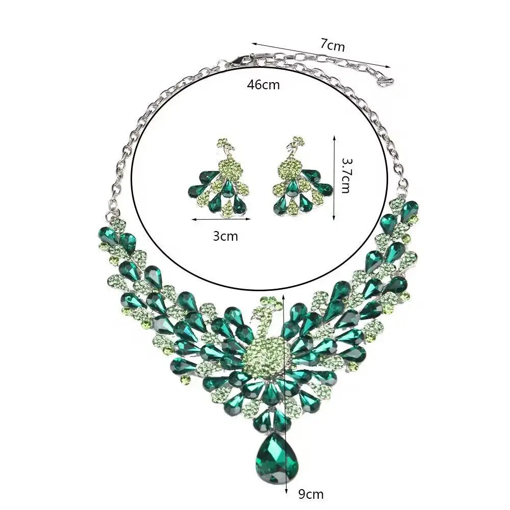 Luxury Emerald Green Peacock Crystal Necklace and Earrings Jewelry Set