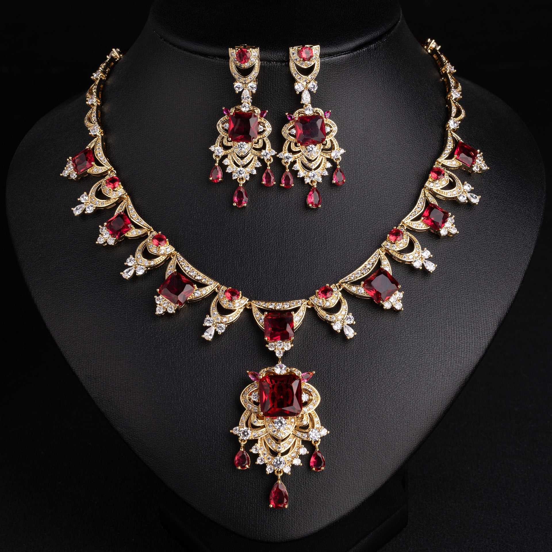 Luxury Red Crystal Statement Necklace & Earrings Jewelry Set for Women