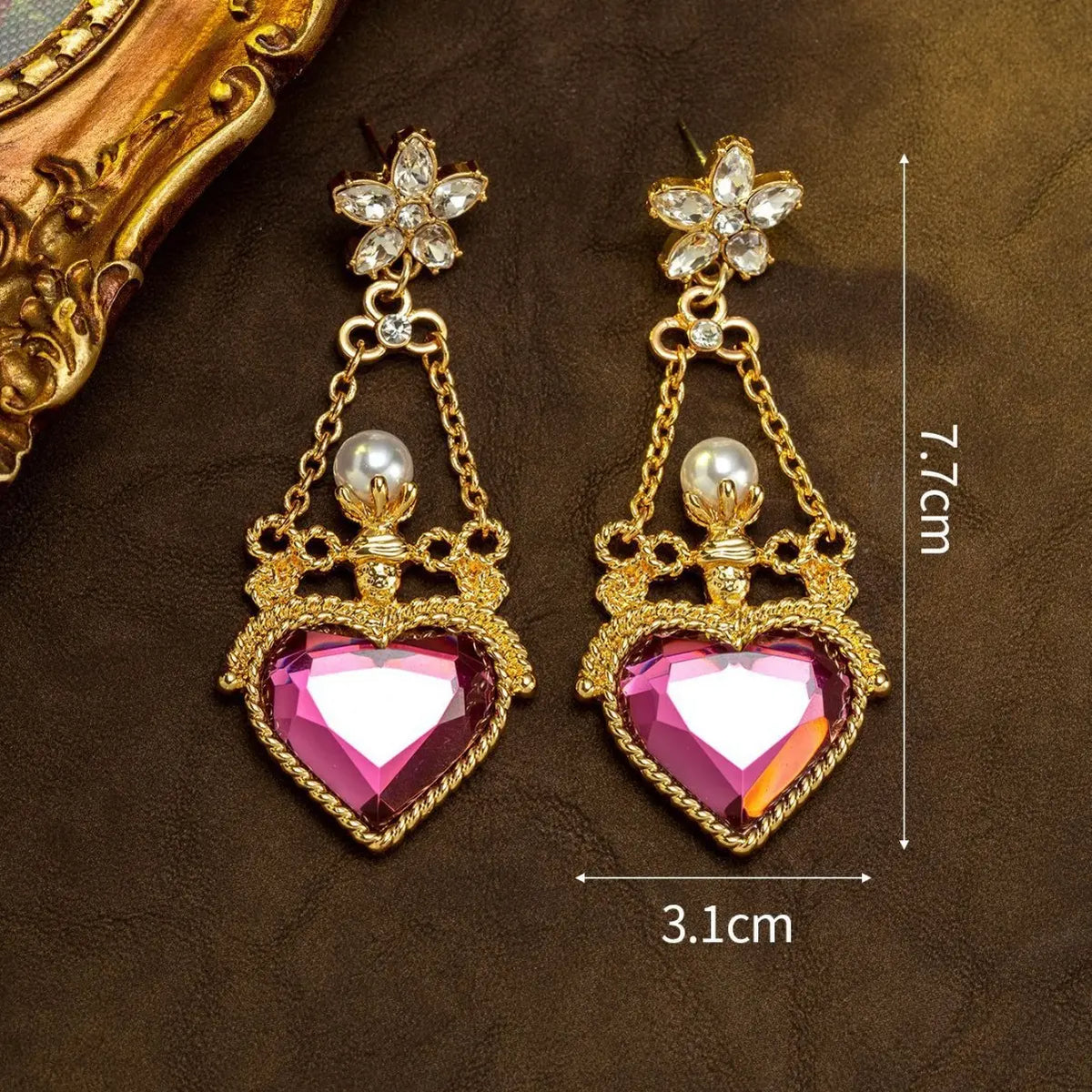 Boucles d'oreilles pendantes de luxe en cristal cœur rose et perles pour femmes