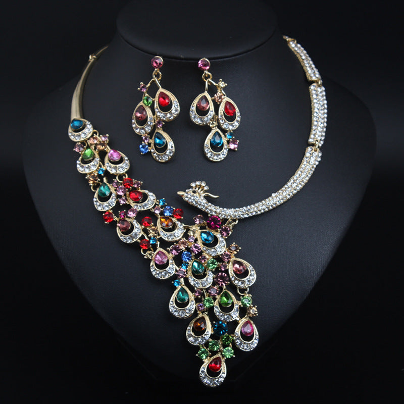 Luxury Multicolor Crystal Peacock Necklace and Earrings Jewelry Set